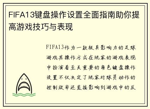 FIFA13键盘操作设置全面指南助你提高游戏技巧与表现